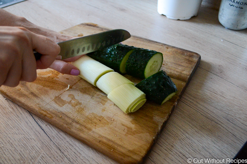 Cutting cucumber and onion