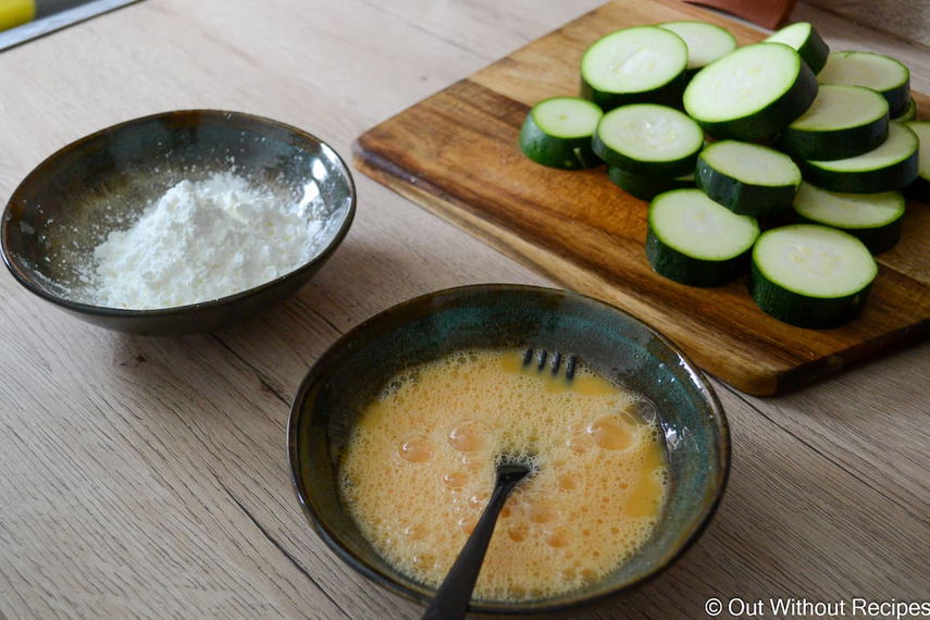 Corn Flour, Sliced Zuccini and Beaten Egg